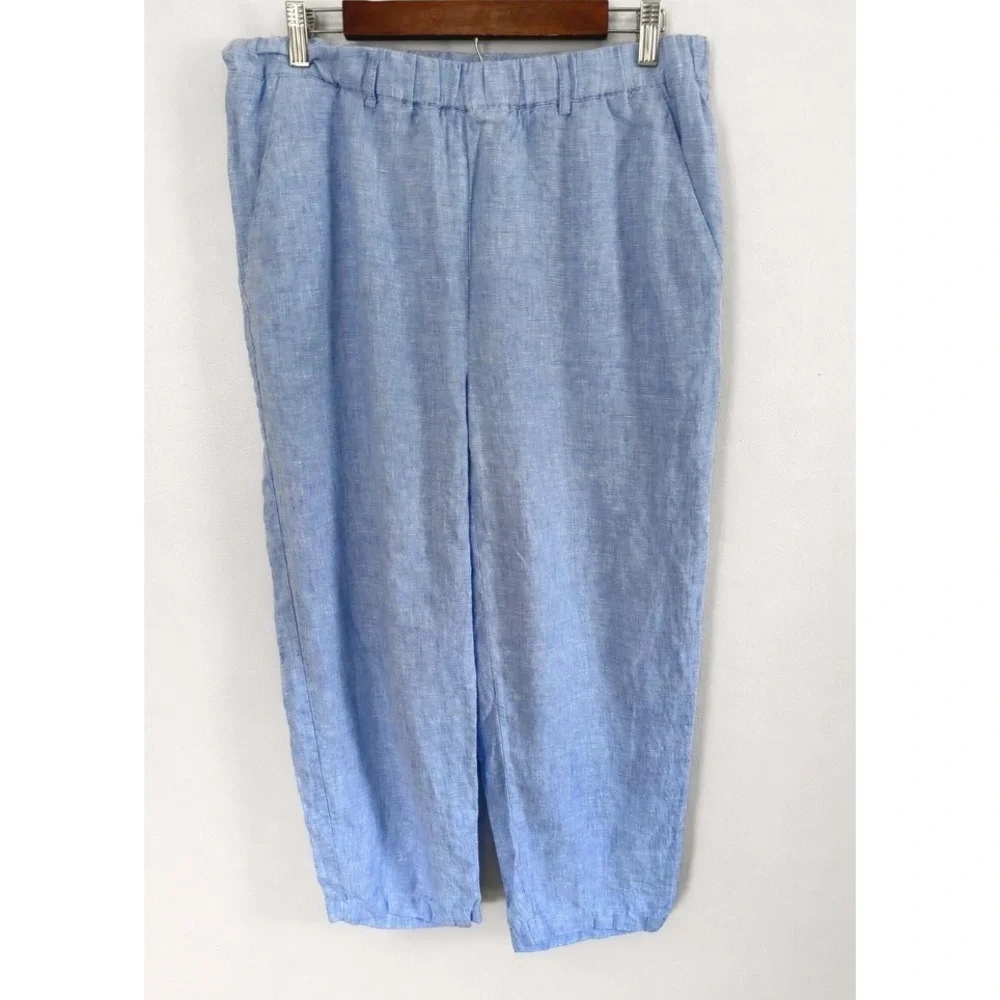 Quince French Blue 100% European Linen Straight Leg Elastic Waist Pants Sz L